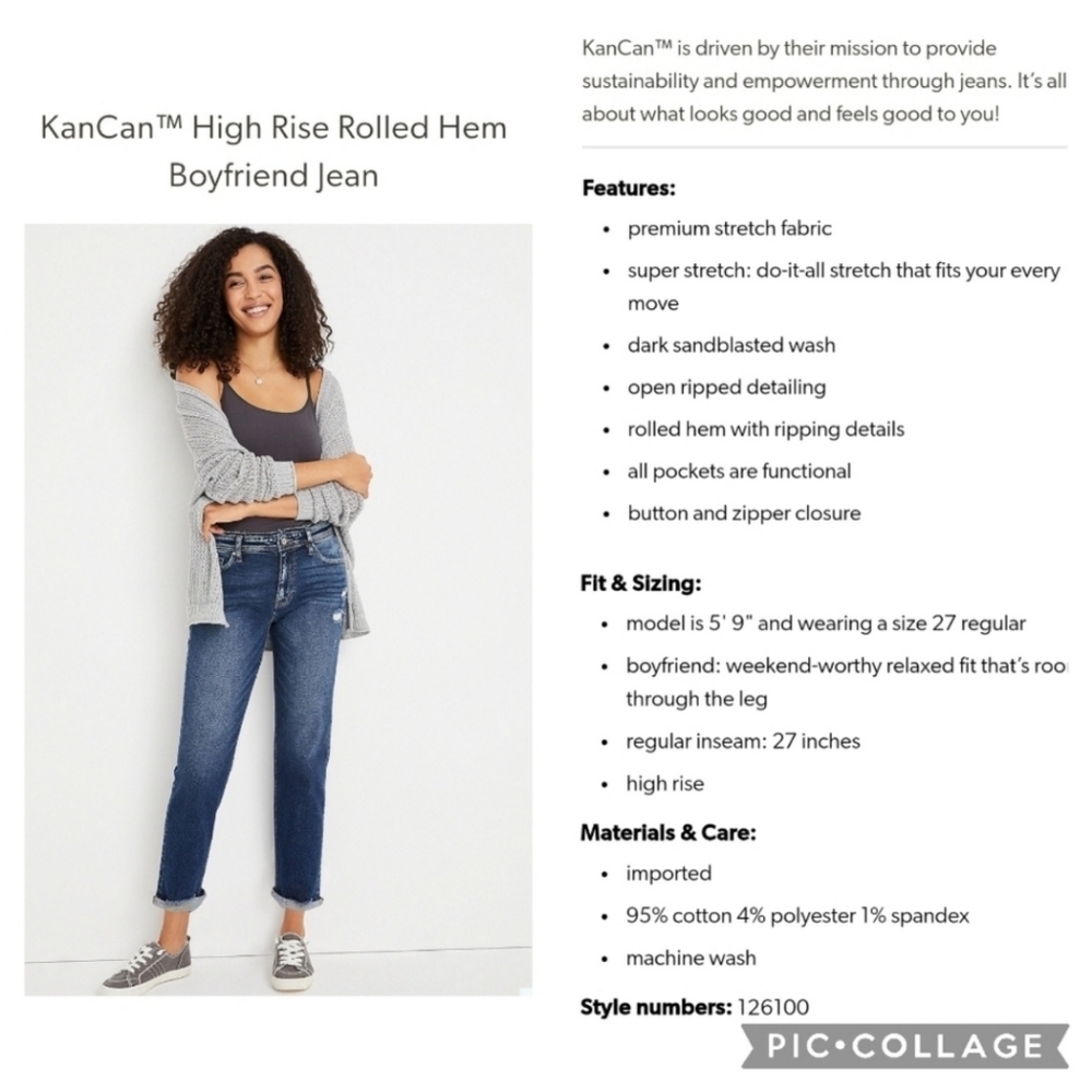 KanCan Boyfriend Jeans High Rise Distressed Stretch Denim Roll Cuff Size 26 NEW